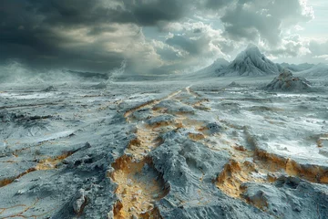 Poster Inhospitable Landscapes Thriving with Resilient Extremophile Microbes Illustrated in Moody Earthy Tones © Sataporn