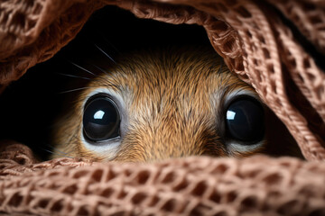 rodent with large eyes peers out from beneath a brown blanket
