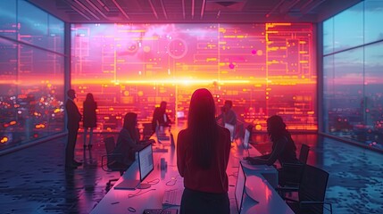 Innovative Business Brainstorming Session in Dynamic Office Space with Dramatic Cityscape Backdrop