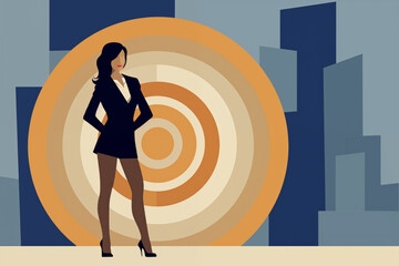 Business graphic vector modern style illustration of a business person with a target board representing hitting common goals, aims, achievements, for pay rise promotion or company growth meeting