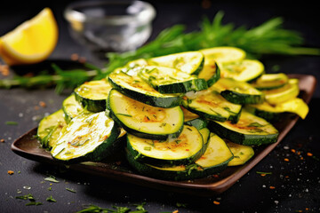 plate of roasted zucchini slices with herbs on a dark table