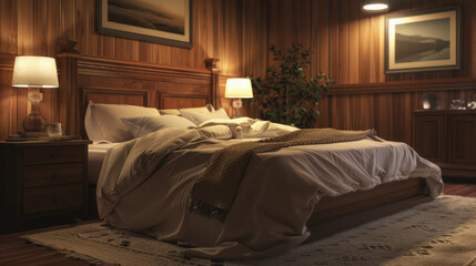 A bedroom with a wooden headboard and a white bedspread