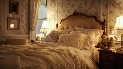A bed with a white comforter and pillows, and a lamp on the nightstand