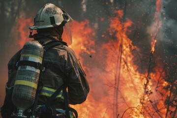 Naklejka premium Portrait of a firefighter with fire and smoke background