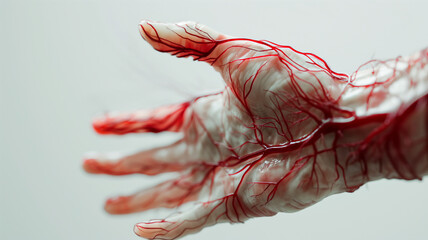 Anatomical model of a hand with red blood vessels on a neutral background.