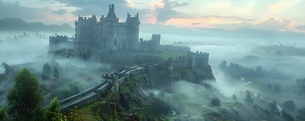 Fototapeta premium A Historic Castle Shrouded in Ethereal Morning Fog Blending Mystery and Timeless Beauty