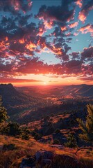 Breathtaking Sunset Over Majestic Mountain Landscape with Vivid Clouds and Vibrant Colors in the Sky