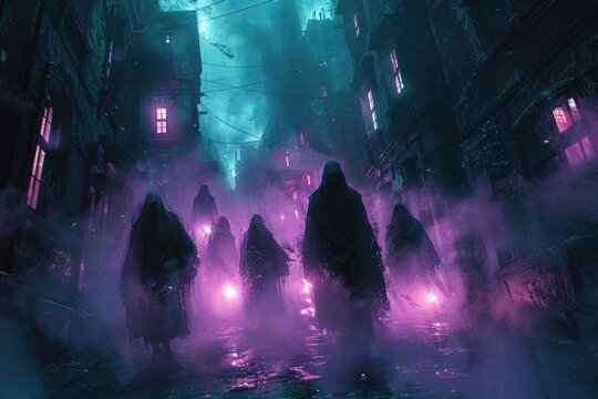 Jiangshi Spirits Haunting Abandoned City Alleyway at Night