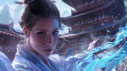 A female Taoist with a background of an ancient Taoist temple