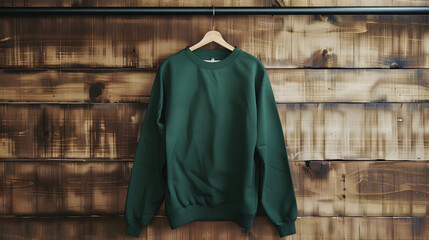 Fototapeta premium plain blank forest green Gildan 18000 swearshirt mockup hanging from a pretty rod