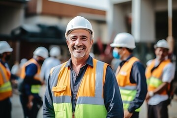 A construction worker wearing a hard hat and a reflective vest is smiling at the camera.