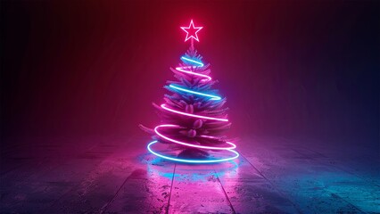 Christmas tree. Looped Christmas snow. Midnight snowfall. Neon. Noel. Loop. Generative AI.