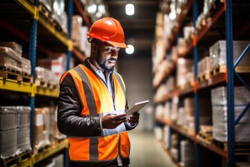 A warehouse worker wearing a hard hat and safety vest uses a tablet to check inventory.
