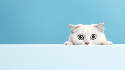 A white cat peeks over a ledge with a curious expression on its face.