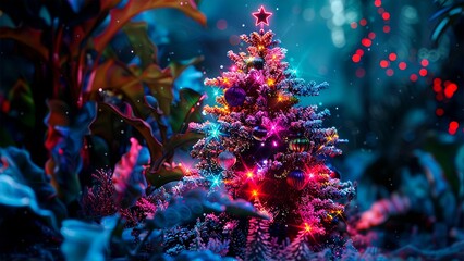 Christmas tree. Looped Christmas snow. Midnight snowfall. Neon. Noel. Loop. Generative AI.