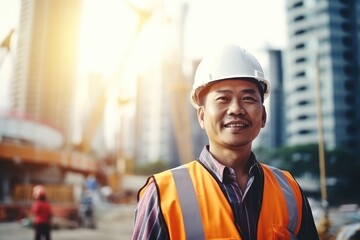 Portrait of a smiling construction worker wearing a hard hat and safety vest