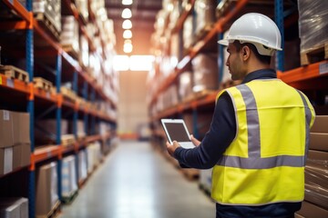 Warehouse worker wearing a hard hat and safety vest uses a tablet to manage inventory. - Powered by Adobe