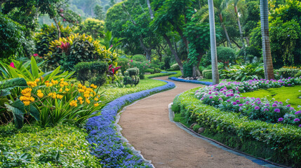 A garden path with a blue border and flowers along the sides