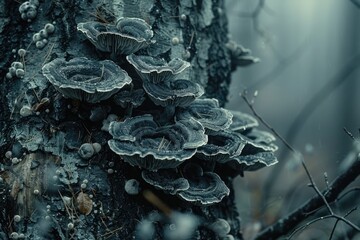 Parasitic Fungi Overtaking a Twisted,Decaying Tree in a Moody,Gothic Horror Atmosphere - obrazy, fototapety, plakaty