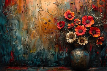 Obraz na płótnie Canvas Abstract painting, metal element, texture background, flowers, plants, flowers in a vase.