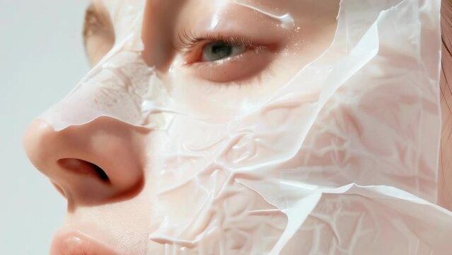 A refreshing facial beauty treatment scene with a focus on natural, radiant skin, and the application of nourishing skincare products. Innovative transparent gel face mask