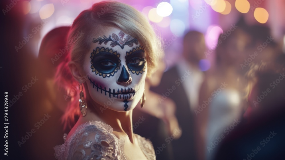 Wall mural spooky glamour unveiled-a woman with sugar skull style makeup, a vision of halloween celebration.