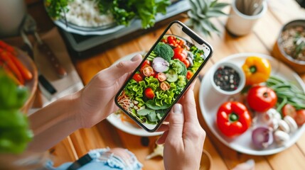 Woman Taking Picture of Salad on Phone - Powered by Adobe