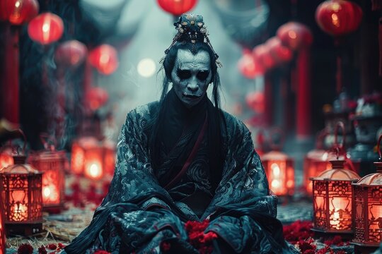 Shuffling Jiangshi Corpse in Eerie Moonlight Surrounded by Auspicious Red Lanterns