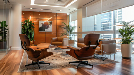 Fototapeta premium A room with a large window and a few chairs