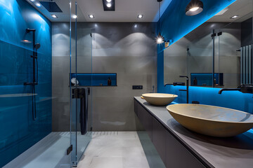Contemporary modern bathroom interior in light blue colors, concrete and marble elements.