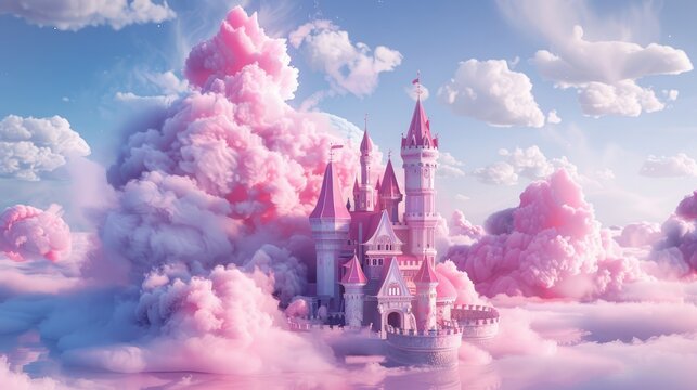 A whimsical 3D rendering of a fairy tale castle, surrounded by fluffy, cotton candy-like clouds