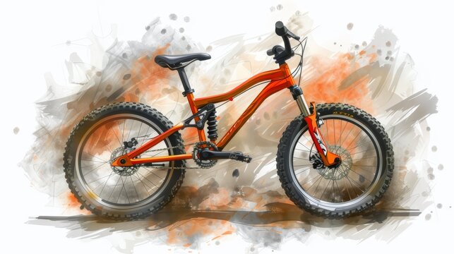   A painting depicts a bicycle with orange paint splatters on its front tire and spokes
