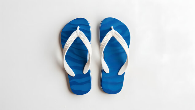 Pair of Blue flip-flops on white background.