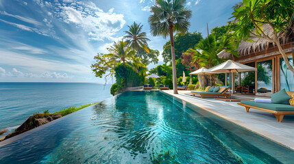 Luxurious beachfront resort swimming pool with tropical landscape, perfect for a relaxing vacation escape