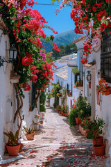 Fototapeta premium Picturesque narrow street in Spanish city old town. Typical traditional whitewashed houses with blooming plants, flowers, cobbled street in a small cozy town in Spain