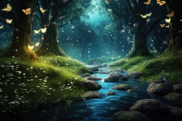 A serene stream winds through a mystical forest, adorned with glowing lights in the enchanting night, creating a magical atmosphere.