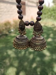 Metal Gold Antique Jhumkay Earrings, Indian Pakistani Antique Jewellery Rounded Metallic Gold Jhumkiyan For Ears, Ear Studs, Ethnic Eastern Chand Bali Oranament Traditional Ear jewellery accessories