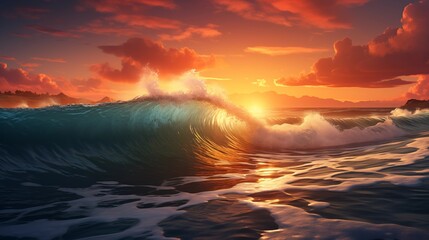 sunset over the beach sea wave. - obrazy, fototapety, plakaty