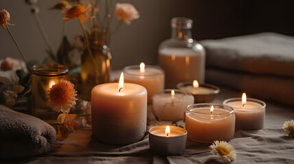 candles on a table with flowers 