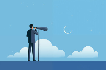 Business graphic vector modern style illustration of a business person with a telescope looking glass binoculars looking for direction searching for employee recruitment new role or career path