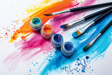 brushes and paints in a raw, artist tools, painting as a hobby and recreation, creativity