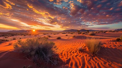 A stunning desert sunset painting the sky in hues of orange, red, and purple, casting long shadows over the sandy terrain - obrazy, fototapety, plakaty