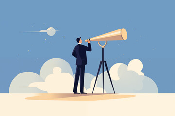 Business graphic vector modern style illustration of a business person with a telescope looking glass binoculars looking for direction searching for employee recruitment new role or career path
