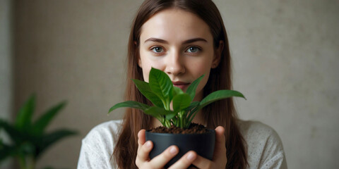 A young woman holds a houseplant in her hands. Close-up