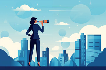 Business graphic vector modern style illustration of a business person with a telescope looking glass binoculars looking for direction searching for employee recruitment new role or career path