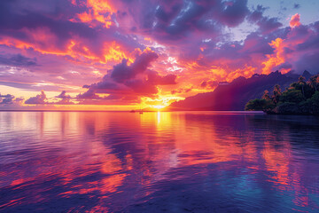 Colorful sunset sky with clouds on the horizon of the South Pacific Ocean. Lagoon landscape in Moorea. Luxury trave - obrazy, fototapety, plakaty