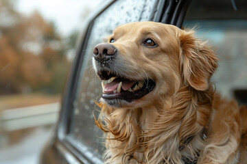 Happy dog in the car window with the wind