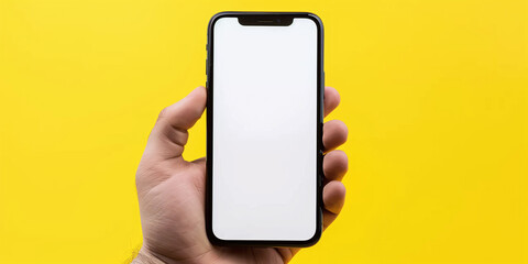 Hand Holding Smartphone with Blank Screen on Yellow Background