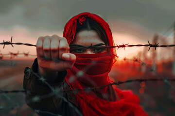 Portrait of Woman in Red Scarf Behind Barbed Wire