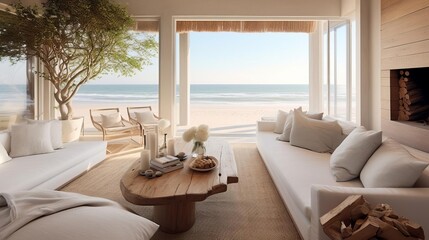 Peaceful beach house retreat decorated with soothing colors and natural textures, perfect for creating a calm, good vibe atmosphere
